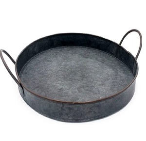 Plateau décoratif rond en métal, style industriel, finition vieillie, emballage en une seule pièce, avec poignées - Product Image 1