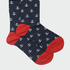 <b>Men's</b> Navy Crew <b>Socks</b> With <b>White</b> Anchor Print Red Toe And Heel Knitted Breathable Daily Wear Spring Season Standard Thickness - Product Image 3
