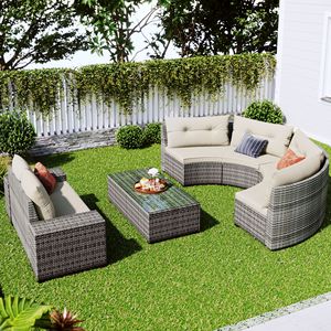 8 Piece All-Weather Outdoor <b>Wicker</b> Garden Set Half Moon Sectional with Curved Sofa and Rectangular <b>Coffee</b> <b>Table</b> PE Material - Product Image 2