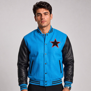 Men's Blue Varsity <b>Jacket</b> Black Leather Sleeves Embroidered <b>Star</b> Front Button Closure Casual Autumn Wear Regular Fit - Product Image 1