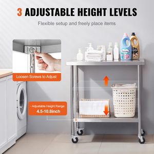 Tavolo da Lavoro in Acciaio Inox a 4 Ruote, 30 X 18 X 38 Pollici, 3 Livelli di Altezza Regolabili, Banco da Lavoro per Preparazione Alimenti - Product Image 5