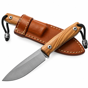 Light Brown Wooden Handle Fixed Blade Hunting Knives with Gray Wide Blade <b>Leather</b> Sheath and Black <b>Lanyard</b> for Camping - Product Image 6
