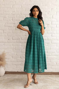 Robe longue jacquard vert émeraude à col montant et manches bouffantes, coupe trapèze plissée, décontractée pour le quotidien, magnifique robe pour femme - Product Image 5