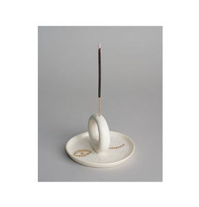 Porte-encens minimaliste en céramique blanc, attrape-cendres, avec motif œil protecteur et anneau géométrique céleste, plateau brûleur d'encens - Product Image 1