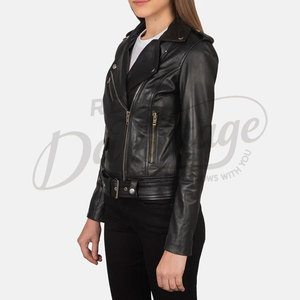 Chaqueta de Cuero Genuino Negra Premium para Mujer, Estilo Motero Clásico con Cierre Asimétrico, Chaqueta de Moto Ajustada de Piel de Oveja Suave con Cinturón - Product Image 3