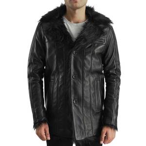 <b>Men's</b> Heavy Long <b>Black</b> Genuine Leather <b>Trench</b> Overcoat Sheephide Fur Trim Turn Down Collar Single Breasted Thick Winter Jacket - Product Image 3