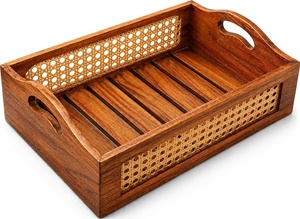 Handcrafted Wooden Storage Trays with Cane Weaving Natural Rattan <b>Box</b> with Handles Decorative Multipurpose Organizer Basket Set - Product Image 6