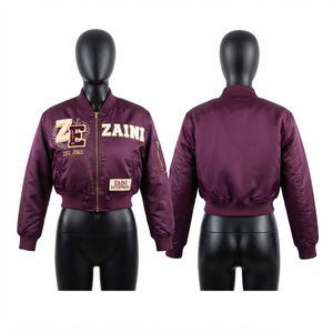 <b>Women</b> Hooded Crop Top Bomber <b>Jacket</b> Windproof Winter 240 GSM Premium Polyester Twill <b>Navy</b> Blue Custom Embroidery Chenille Patch - Product Image 1