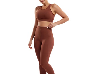 Women's Brown 2-Piece Yoga Set Crisscross Straps Ruched Crop <b>Top</b> High Waist Leggings Plus Size Seamless Breathable Spandex - Product Image 5