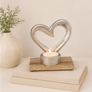 Luxury Polished Aluminum Double Heart <b>Tea</b> Light Candle Holder With Rustic Mango Wood Base For Tabletop Home Decoration Wholesale - Product Image 6