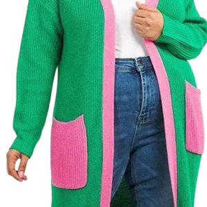 Green & Pink Fringe <b>Cardigan</b> <b>Sweater</b> Long Open Front Knit <b>Cardigan</b> with Contrast Trim and Patch Pockets Women's Outerwear Green - Product Image 6