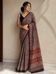 Sari Tradicional con Estampado Ajrakh, Hecho a Mano con Técnica de Bloques, Prenda Étnica para Mujer - Product Image 2