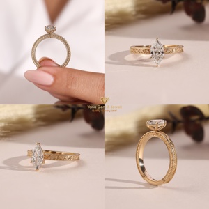 Bague solitaire vintage de style marquise néerlandaise en or massif 14 carats avec diamant de laboratoire CVD de couleur E, clarté VS1, 1,00 carat, certifié IGI - Product Image 5