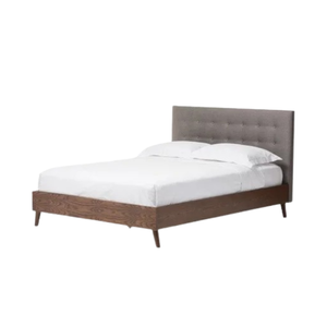 Lit en bois moderne de style mid-century avec tête de lit capitonnée en tissu, meubles de chambre à coucher, salle à manger - Product Image 5