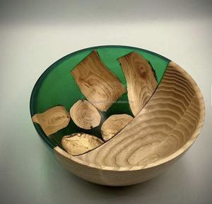 Bol en bois artisanal écologique avec accent en résine bleue, élégant centre de table artisanal pour bureau et intérieurs de maison, Inde - Product Image 3