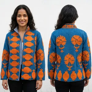 Sujani Eco-Friendly Finished Khadi Cotton Linen Natural Dye <b>Jacket</b> Autumn Outerwear <b>Fringed</b> <b>Sequins</b> Patchwork Decor Custom Logo - Product Image 4