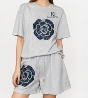 Ensemble de t-shirts pour femmes en spandex rose ample et respirant, manches courtes, col rond, imprimé, tricoté, tenue décontractée d'été