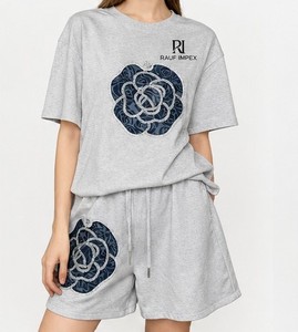 Ensemble de t-shirts pour femmes en spandex rose ample et respirant, manches courtes, col rond, imprimé, tricoté, tenue décontractée d'été - Product Image 5