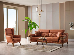 Luxury Solid Teak <b>Wood</b> <b>Sofa</b> Set Modern Cognac Leather 3 2 1 1 Seater Diamond Quilted <b>Sofa</b> Coffee Table Villa Living Room - Product Image 2