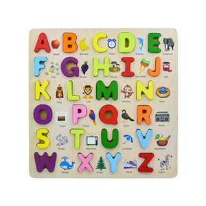 Tableau de puzzle d'apprentissage de l'alphabet en bois avec lettres colorées et correspondance d'images (A–Z) - Product Image 1