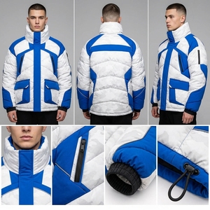 <b>Mens</b> Color Block Puffer <b>Jacket</b> Quilted Winter Coat Blue White Insulated Full Zip Utility Pocket Outdoor Fashion <b>Jacket</b> - Product Image 3