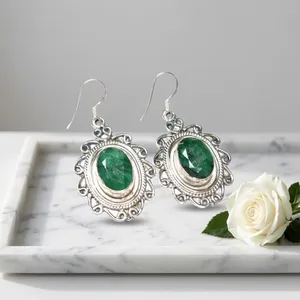 Boucles d'oreilles pendantes en argent sterling 925 avec quartz vert, pierre précieuse ovale, filigrane vintage, style bohème, bijoux ethniques faits à la main pour femmes - Product Image 4