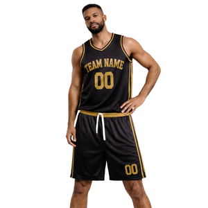 Conjunto de Uniforme de Baloncesto Retro Personalizado en Negro con Texto Dorado, Borde Dorado, Jersey y Pantalones Cortos, Diseño con Nombre y Número del Equipo - Product Image 1