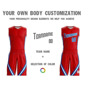 Uniformes de basket-ball personnalisés rouge bleu blanc sublimés avec nom d'équipe, maillot et short unisexe pour adulte, coupe athlétique, évacuation de l'humidité - Product Image 2