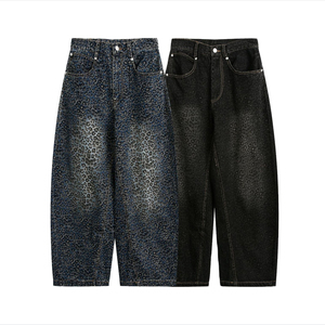 Men's Retro Leopard Print Scimitar Jeans American Style High Street Vibe Washed <b>Old</b> Silhouette Loose Wide Leg Casual Denim <b>Pants</b> - Product Image 1