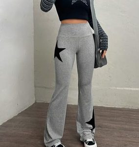 Pantalones acampanados grises de cintura alta para mujer Hardhoodi Interation con estampado de estrellas negras, cintura elástica, ajuste holgado informal para yoga y entrenamiento. - Product Image 4
