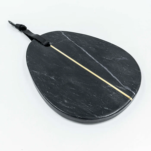 Planche à découper en marbre avec logo personnalisé, planche à découper noire en marbre, forme d'œuf, boucle en cuir - Product Image 1