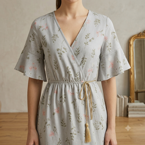 Vestido Mini Cruzado con Estampado Floral, Cuello en V, Mangas con Volantes y Cinturón de Borlas, Estilo Romántico, Línea A, Casual de Verano, Fabricado en Vietnam - Product Image 6