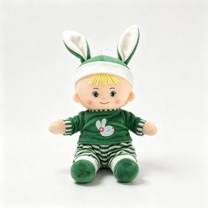 Haut vert personnalisé à manches longues brodé d'un lapin endormi, pantalon de pyjama rayé vert et blanc, pose plat sur le dos - Product Image 3