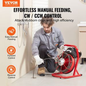 Macchina Elettrica per la Pulizia degli Scarichi da 250W, Spirale per Fognature da 50FT x 3/8 Pollici con Alimentazione Manuale, 4 Frese, Macchina Puliscitubi a Alimentazione Manuale - Product Image 2
