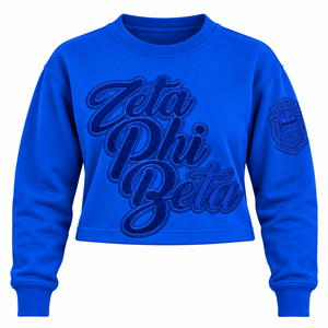 Pull ras du cou Zeta Phi Beta pour femme, bleu roi, court, avec broderie tonale du blason et inscription sur la manche, en polaire, pour sororité - Product Image 3