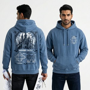 Sudadera con Capucha Personalizada para Hombre, Azul Marino, Lavado Ácido, Estilo Urbano, Estampado Gráfico de Geisha Vampiro Japonés, Sudadera Extra Grande de Algodón - Product Image 2