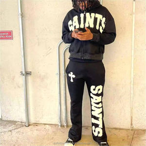 Conjunto Deportivo para Hombre con Capucha Negra, Cierre Completo, Estampado de Letras, Sudadera y Pantalones, Ropa Urbana para Otoño, Material Transpirable de Poliéster - Product Image 3