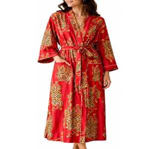 Indian Cotton Floral Printed V-neck <b>Kimono</b> Robe Quick Dry Breathable <b>Beach</b> Cover-Up With Great Embroidery Work <b>Kimono</b> Dress - Product Image 2