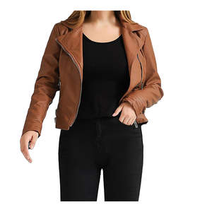 Veste en cuir décontractée pour femme avec texture lisse et propre, coupe confortable, doublure en nylon imperméable et écologique - Product Image 1