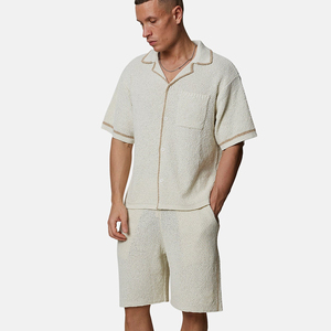 <b>Men's</b> Cream Cotton <b>Pajama</b> <b>Set</b> Short Sleeve Shirt And Bermuda Shorts Solid Color Casual Breathable Woven Fabric With Pockets - Product Image 1