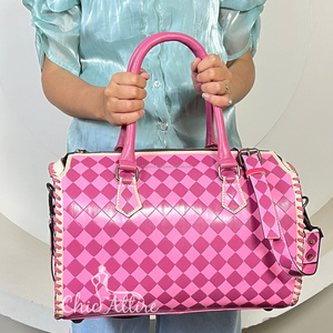 Women Checkered Pattern Speedy Bag Large Travel Handbag Hand Tooled Leather Stylish Everyday Fashion Crossbody Purse Duffel Bags - Product Image 1