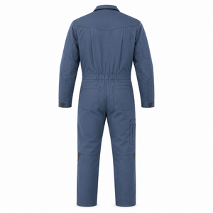 Combinaison industrielle homme en sergé robuste bleu poussière avec détails foncés, col ouvert, poches verticales pour outils, genoux renforcés, multi-usages - Product Image 2