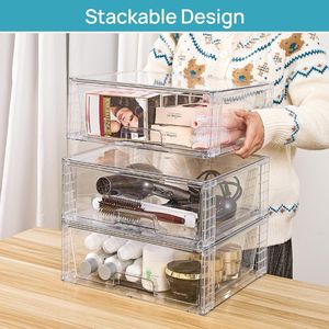 Grands tiroirs de rangement empilables, lot de 2, en acrylique transparent, organisateurs sous évier pour salle de bain, bacs en plastique à montage facile - Product Image 2
