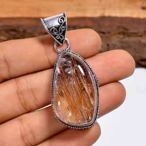 Golden Rutile <b>Quartz</b> Gemstone Pendant Handmade 925 Sterling Silver Bohemian Style Jewelry Gift For Women - Product Image 4