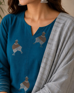 Unstitched Hand Embroidered Jamdani Cotton <b>Kurta</b> Set in Blue With Silver Duptta for <b>Women</b> Available at wholesale Price - Product Image 4