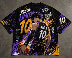 เสื้อยืดบาสเก็ตบอลลายอนิเมะผู้ชาย พิมพ์ลายแบบซับลิเมชั่น ทรงโอเวอร์ไซส์ สไตล์สตรีท แขนสั้น คอกลม ระบายอากาศได้ดี สีม่วง ดำ เหลือง - Product Image 1