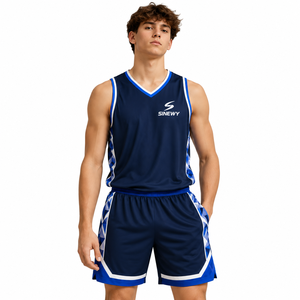 Ensemble short et maillot de basket pour homme SINEWY, col en V, sans manches, imprimé géométrique sublimé, tissu respirant, vêtements de sport - Product Image 2