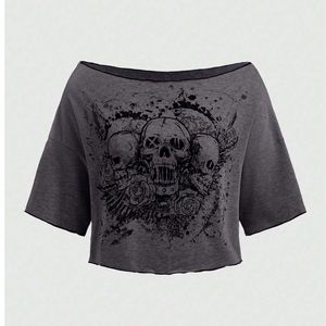 Custom Women Oversized Skull Graphic Crop T Shirt Gothic Vintage Streetwear Cotton Casual Tee OEM ODM Wholesale <b>Top</b> Fit - Product Image 2