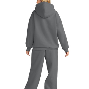 Conjunto de Sudadera con Capucha Gris Unisex, Sudadera con Capucha Oversize, Sudadera Corta con Capucha, Pantalones de Felpa, Diseño de Bolsillo de Color Sólido, Ropa Casual de Otoño - Product Image 2