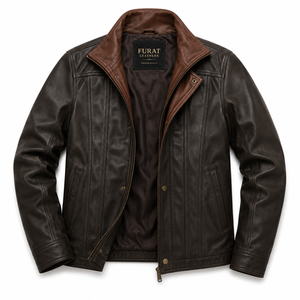 Chaqueta Clásica de Cuero Genuino Marrón de Invierno, Cuello Alto, Cierre de Cremallera, Resistente al Viento, Transpirable, de Secado Rápido y Ecológica - Product Image 1